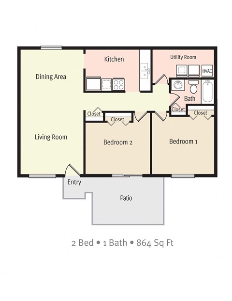 Floor plan for 2 beds, 1 bath, 864 sqft